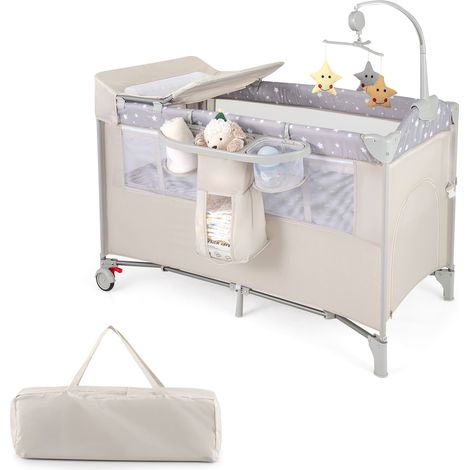 COSTWAY 5-in-1 Portable Pack and Play Foldable Baby Nursery Center-Beige