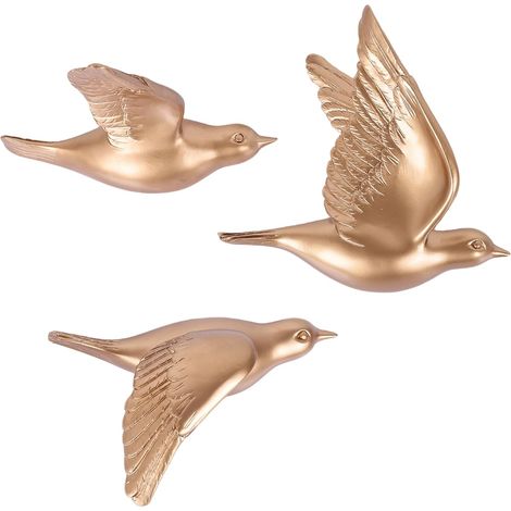 Décoration Murale Oiseaux 3D Dorés - Ensemble de 3 Sculptures Volantes en Résine - Déco Murale Moderne pour Salon Chambre Bureau Couloir (1/5)