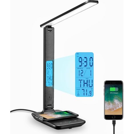 Lampe de bureau LED avec chargeur sans fil, port de chargement USB, lampe de bureau pliable et réglable, avec horloge, alarme, date, température, 5 niveaux de luminosité, noire
