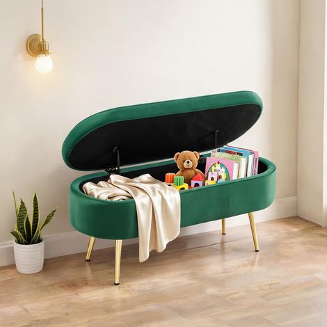 Banc de rangement en velours vert foncé avec pieds en métal 110 (1/5)
