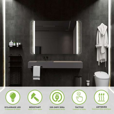 Miroir de Salle de Bains Lumineux avec Éclairage Intégré Tri Led Frontal - Double Sensor On/Off et Anti-Buée l.100 x H.80 cm COPENHAGUE LEDIMEX (1/5)