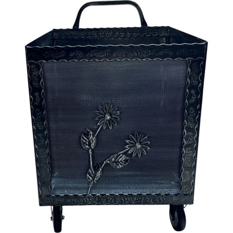 Porta Legna con Ruote, Porta Pellet, in Ferro Battuto, 52 x 50 x 84h cm, Motivo Floreale, Per Camino e Stufe Grigio