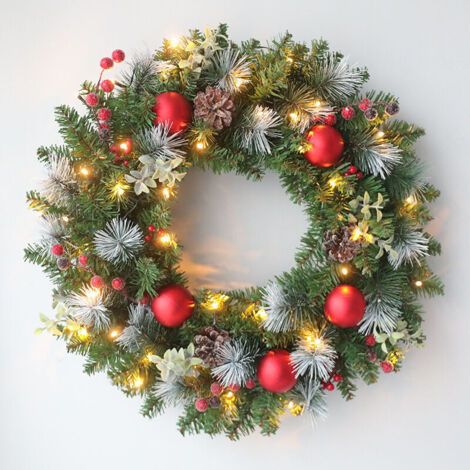 QORVA-40cm Couronne de Noël avec LED pour Porte d'entrée avec lumières, couronnes artificielles pour fenêtre, cheminée, Décoration Murale, récolte, intérieur ou extérieur (Rouge)