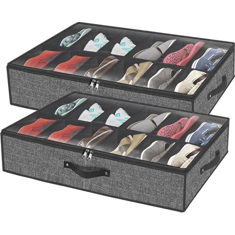 Lot de 2 Rangements sous Lit pour Chaussures 24 Paires, Boîte à Chaussures avec Couvercle Transparent, Rangement Literie (Noir 74x60x15 cm)