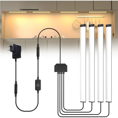 Ultra-plate Eclairage Sous Meuble Cuisine, 4 x 30 cm Reglette LED Cuisine Sous Meuble 220V, Blanc Chaud 3000K, Dimmable Tactile, Luminaire Plan de Travail pour Vitrine, Étagère, Bibliothèque (1/5)