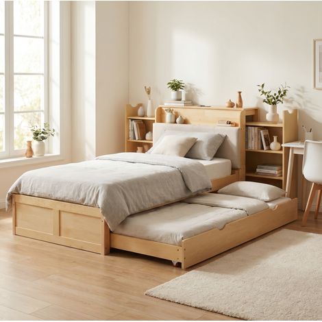 Cama multifunción escandinava 90x200 cm en madera natural con cama nido extraíble, cabecero tapizado, USB y enchufes EU