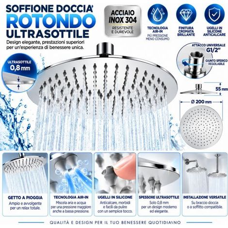 Soffione Doccia Ø200 Acciaio inox 304 Ultrasottile Air-In Pioggia G1/2" Cromato (1/5)