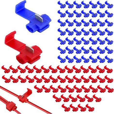 100 Pièces Connecteurs de Dérivation Rapides (Rouge et Bleu), Verrouillage Connecteurs Cosse Electrique Connecteur Rapide Connecteur Dérivation Auto-Dénudants Rapide Kit pour Fils et Câbles (1/5)
