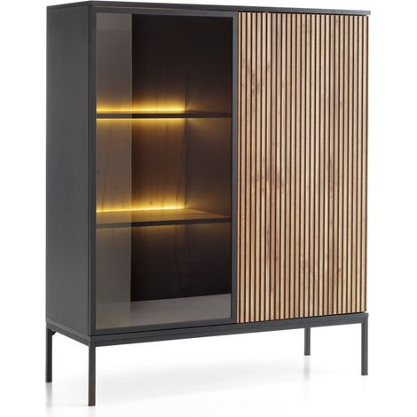 Selsey – Vitrine 2 portes avec éclairage LED – Noir et chêne Wotan – 126 cm de hauteur – Panneau MDF et verre trempé – 6 compartiments spacieux (1/5)