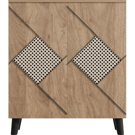 Meuble à chaussures moderne en panneau PB effet bois avec motif rotin, 80×31×91 cm, rangement fermé pour entrée (1/5)
