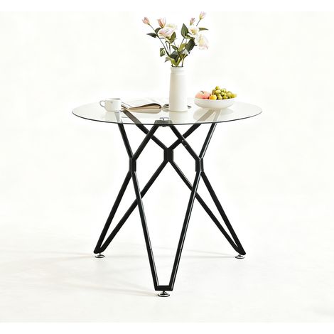 Table à manger ronde 90 cm en verre trempé noir, table de cuisine 1 à 4 personnes, pieds en métal, gain de place (1/5)