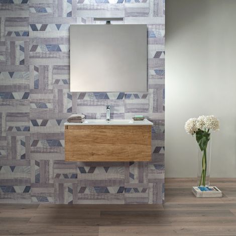 Mobile Bagno Rovere Naturale 100 cm con Cassetto Lavabo e specchio (1/4)