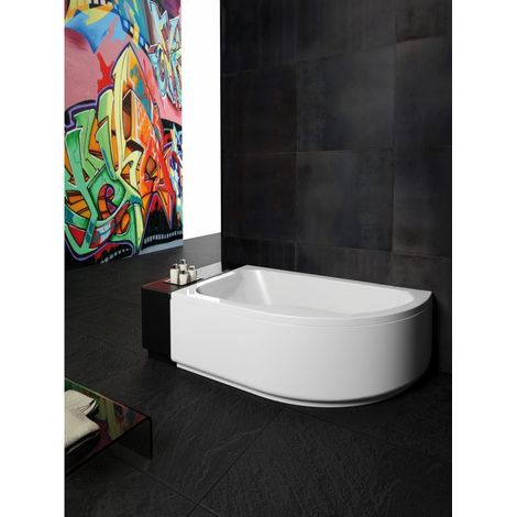 Baignoire d'angle asymétrique 160x100 cm gauche – Tablier acrylique 58.5 cm – Pieds réglables jusqu'à 15 cm – Protection antibactérienne – Glass