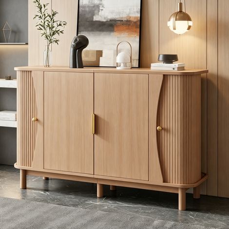 Aparador con 2 puertas correderas y estante ajustable, mueble de almacenamiento para salón en MDF natural, 140x40x88 cm (1/5)