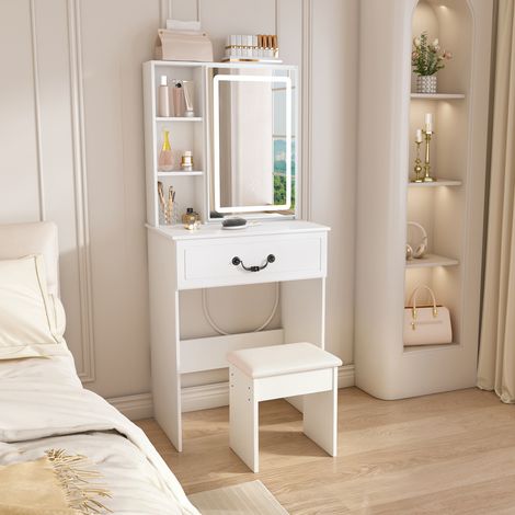 Toeletta con specchio LED 60x36x131.5 cm bianca in MDF con contenitore nascosto e sgabello imbottito (1/5)