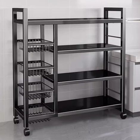 Etagère de Stockage en Métal Robuste et Durable Avec 4 Couches et 4 Paniers en Maille, Equipé de Rouleaux et de Hauteur Réglable de 5 Centimètres, Adapté Cuisines (noir, 32x12.6x53in/80x32x135cm) (1/5)