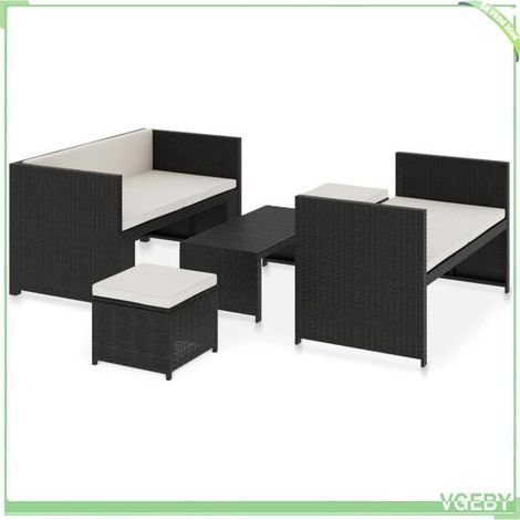 Salon de jardin 5 pièces - FAFEICY - 48132 - Résine tressée noire - Coussins crème déhoussables - Cadre acier enduit poudre (1/5)