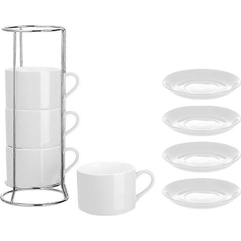 Tasses à cappuccino empilables en porcelaine avec soucoupes et support en métal, blanc cassé (1/5)