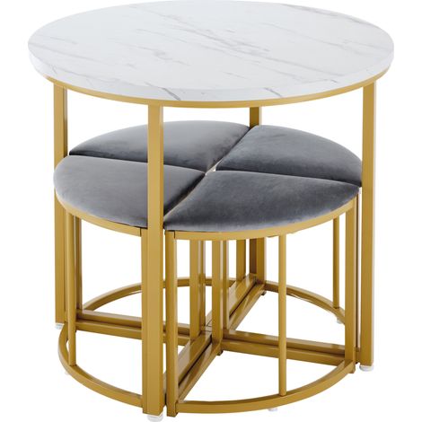 Conjunto de mesa de comedor redonda 80 cm y 4 sillas de terciopelo, MDF y metal, gris (1/5)
