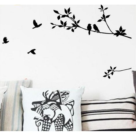 Vinilo decorativo de pared con pájaros en una rama, color negro / Decoración de pared negra, 57 x 100 cm (1/4)