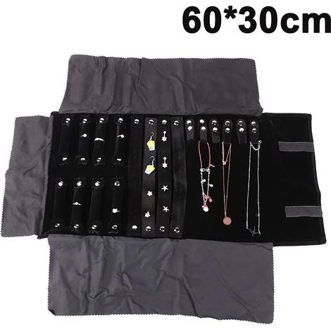 Sac à rouleaux de rangement pour bijoux de voyage, pendentif, collier, bracelet, boucles d'oreilles, anneau, présentoir à bijoux pliable (Tout noir) (1/5)