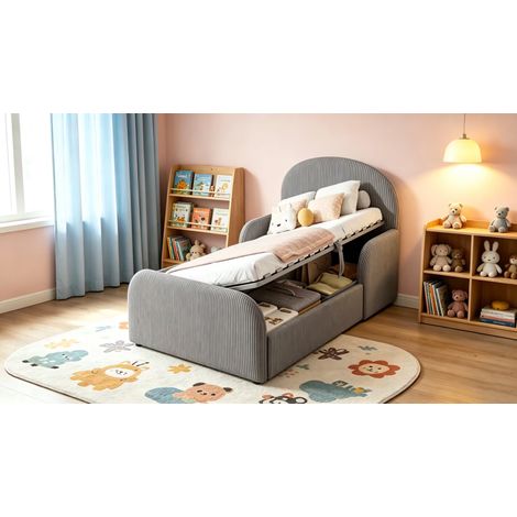 Lit enfant 90x200 avec coffre hydraulique, sommier en velours gris, tête haute et pieds, barrières de sécurité mi-hauteur pour garçon, fille et ado. (1/5)