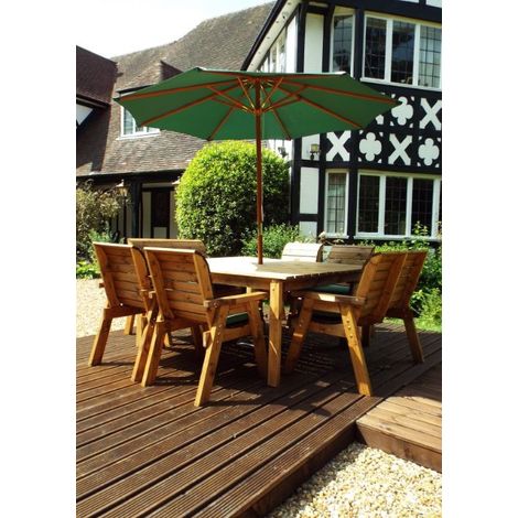 Charles Taylor 8 Seater Wooden Square Table & 4 Chairs 2 Benches Parasol Green (1/4)