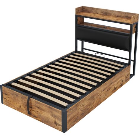 Letto contenitore 90 x 200 cm con sollevamento idraulico, testiera imbottita, USB, nero (1/5)
