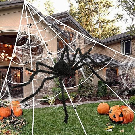 Décoration d'Halloween en toile d'araignée géante d'extérieur 7 x 5,5 m avec une araignée de 200 cm, décoration d'Halloween pour intérieur/extérieur (1/4)