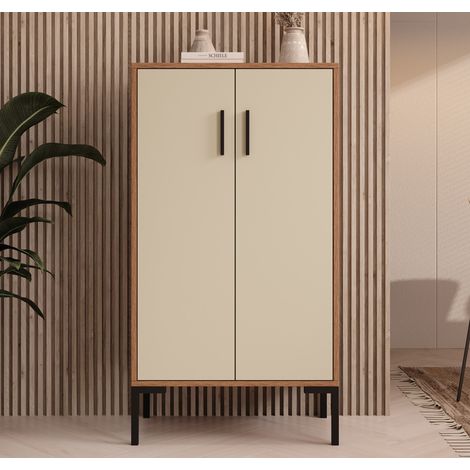 Kleiner Schrank 2 Türen Aufbewarungsschrank Beistellschrank 60x110,5x35cm Modelo Lander L17 Farbe Walnuss Ambar und Beige