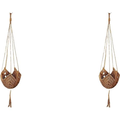 Deux paniers suspendus en jute crocheté de style bohème, longs paniers suspendus pour plantes, compatibles avec des pots de 3 à 12 pouces. (1/5)