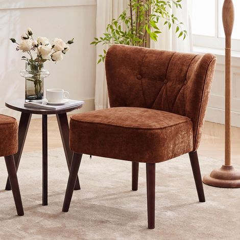 Fauteuil d’appoint marron velours à oreillettes milieu de siècle, capitonnage boutons, pieds bois, fauteuil compact salon chambre bureau maison (1/5)