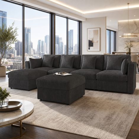 Canapé d'angle modulable U 4 à 6 places en velours côtelé gris, avec 2 repose-têtes, 4 coussins et hockers mobiles pour salon et chambre  CHICFURN (1/5)