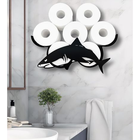 Support de papier toilette amusant en forme de requin noir mat - décoratif et amusant pour 8 rouleaux - Accessoire essentiel de matériel de salle de bain de ferme - Accent innovant de salle de (1/5)