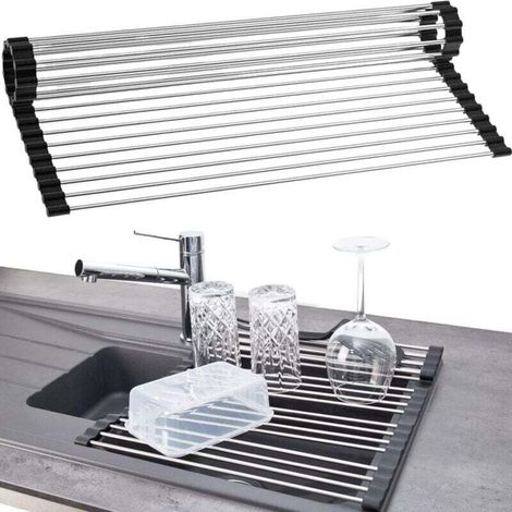 Roll Up - Egouttoir Vaisselle Pliable Inox Plastique Noir , Accessoire Cuisine, Egoutoire, Rangement et organisation de cuisine,ustensiles de cuisine, Repose Fruits Legumes , Compatible tout Evier