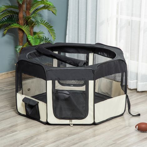 Parque infantil plegable para cachorros con cubierta de malla transpirable, Ø120 x 58 cm, negro + blanco crema