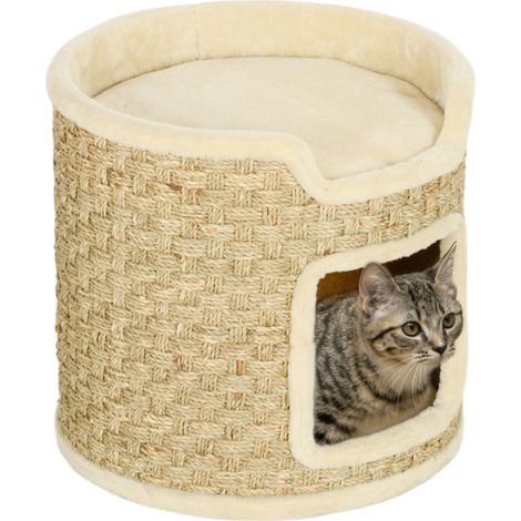 Tour pour Chat Cylindrique avec Griffoir et Nid - Refuge à Double Niveau en Peluche et Corde de Sisal, Structure Stable Sans Montage pour Chats jusqu'à 5 kg, Ø38x37 cm (1/5)