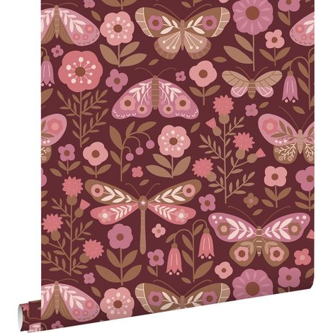 papier peint fleurs & papillons violet foncé et rose  - ESTAhome (1/5)