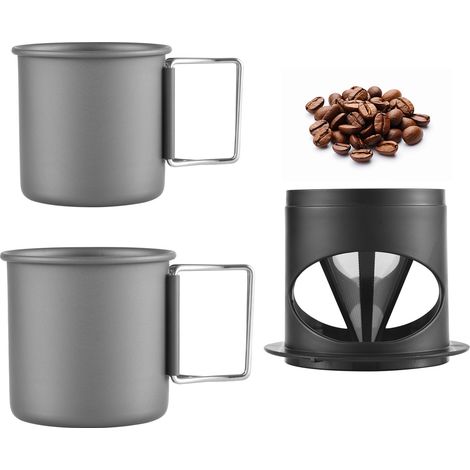 Ensemble de cafetière à verser, tasse de voyage Portable en aluminium, tasses en métal de 450ml 250ml avec filtres, poignée, petits fabricants de Camping (1/5)