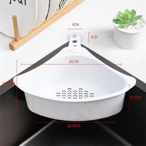 Égouttoir triangulaire de cuisine, stable et facile à égoutter, pour évier d'angle, blanc. (1/4)