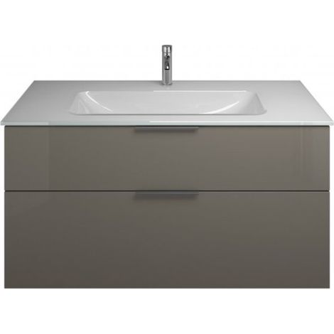 Burgbad Eqio Glas-Waschtisch mit Unterschrank, 2 Auszüge und Griffleiste Grau Hochglanz/Alpinweiss 122 cm Schwarz matt (1/2)
