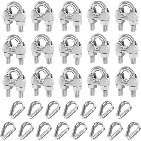 15 pièces de serre-câbles 5 mm en acier inoxydable M5, ensemble de serre-câbles 5 mm, serre-câble 5 mm, manchons pour câble en acier inoxydable, serre-câble à œil, U boulon, pour câble en acier (1/5)
