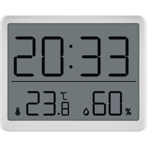 Thermomètre d'ambiance numérique et hygromètre avec horloge à poser/suspendre/support magnétique - Écran LCD avec affichage des valeurs minimales et maximales, date, réveil - Batterie incluse -