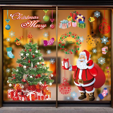 Autocollants de Noël extra larges, 4 feuilles d'autocollants réutilisables pour fenêtre de fête de Noël avec Père Noël pour décoration de fenêtre, dou (1/3)