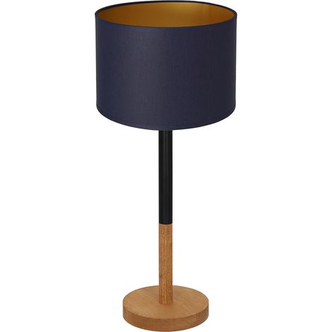 Lampe de table abat-jour bleu, base bois, E27 Luminex