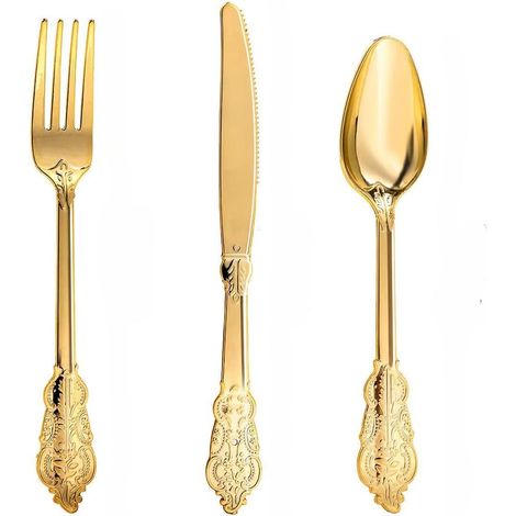 30-teiliges Plastikbesteckset im Vintage-Stil, wiederverwendbares Partybesteck, je 10 Messer, Gabeln und Löffel, 30 wiederverwendbare Partygeschirrteile, Plastikbesteckset für das Abendessen (Gold)