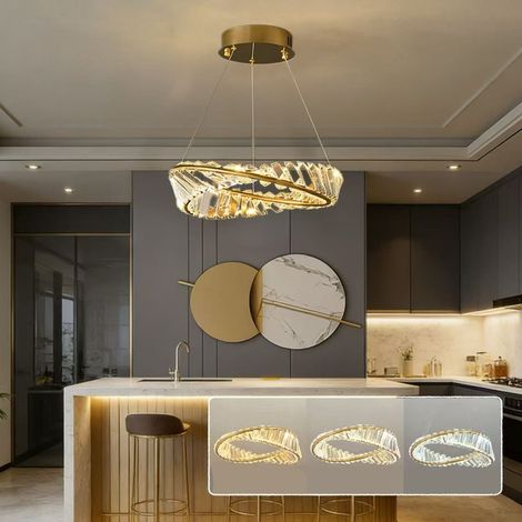 Suspension LED moderne en forme d'anneau, Plafonnier en cristal, Luminaire pour îlot de cuisine, Luminaire décoratif d'intérieur— Éclairage tricolore (1/5)