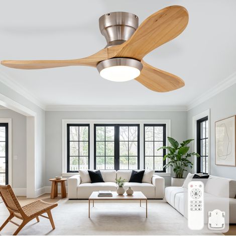Ventilador de techo con luz 90 cm, 3 aspas de madera, 6 velocidades DESVIAE (1/5)