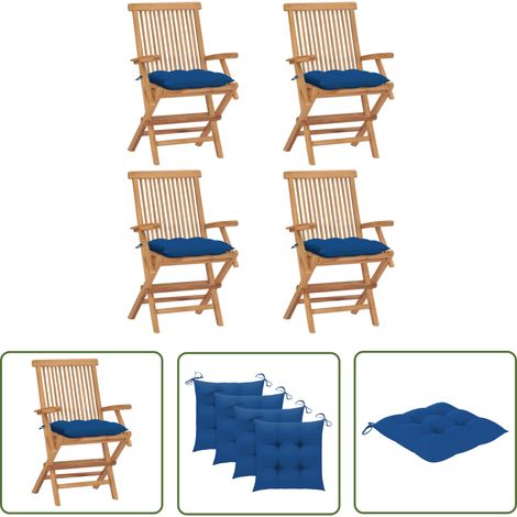 Chaises de jardin en teck - vidaXL Chaises de jardin et coussins bleu lot de 4 Bois de teck massif - Meubles de jardin (1/5)