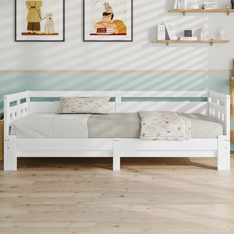 Lit banquette 90x200 cm en pin massif blanc avec lit gigogne à roulettes et tête de lit en forme de cœur, sans matelas (1/5)